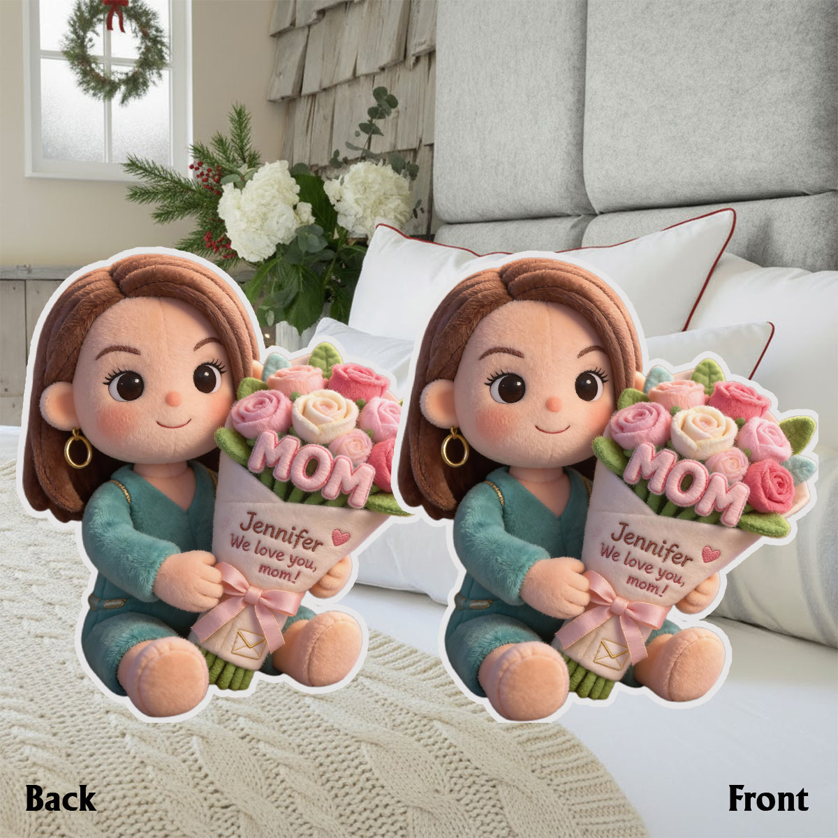 Custom Any Photo Beautiful Bouquet For Mom, Grandma - Personalized Mother Faux Fur Shaped Pillow