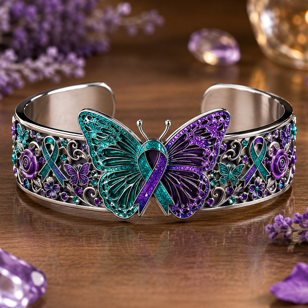 Teal & Purple Butterfly - Personalized Suicide Prevention Shaped Cuff Bracelet