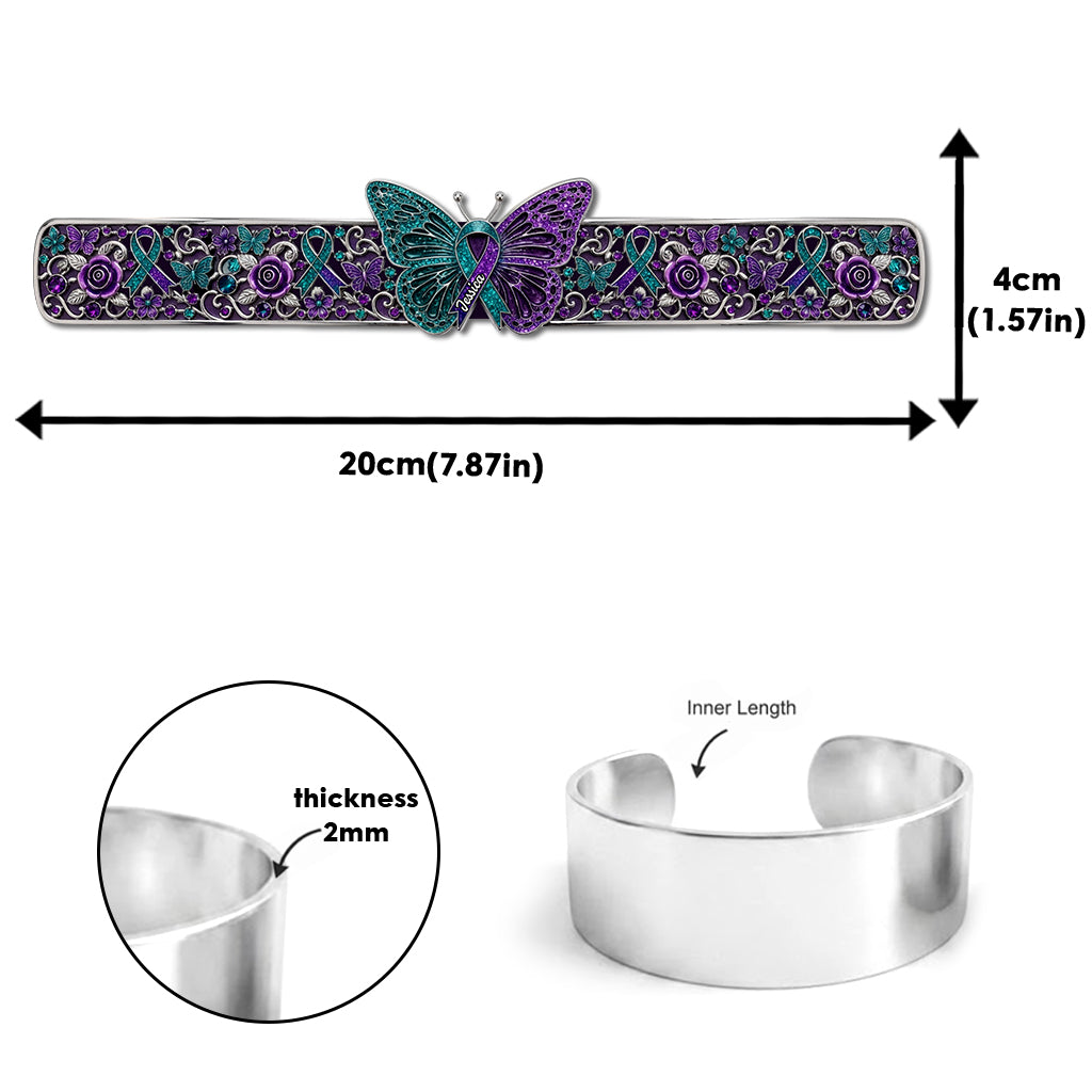 Teal & Purple Butterfly - Personalized Suicide Prevention Shaped Cuff Bracelet