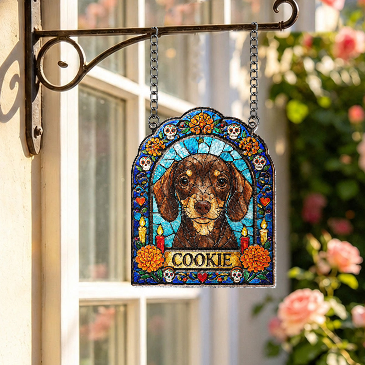 Dog Ofrenda Frame, Pet Memorial Día de Muertos - Personalized Dog 3D Printed Glass Suncatcher