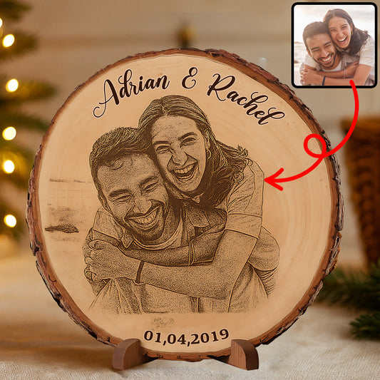 Custom Photo on Bark Edge Wood - Personalized Couple Custom Shaped Wood Plaque
