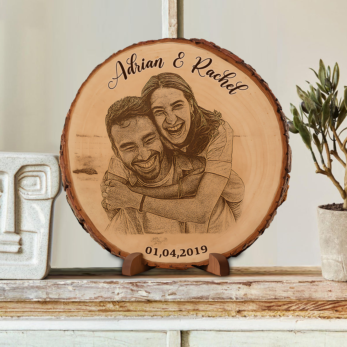 Custom Photo on Bark Edge Wood - Personalized Couple Custom Shaped Wood Plaque