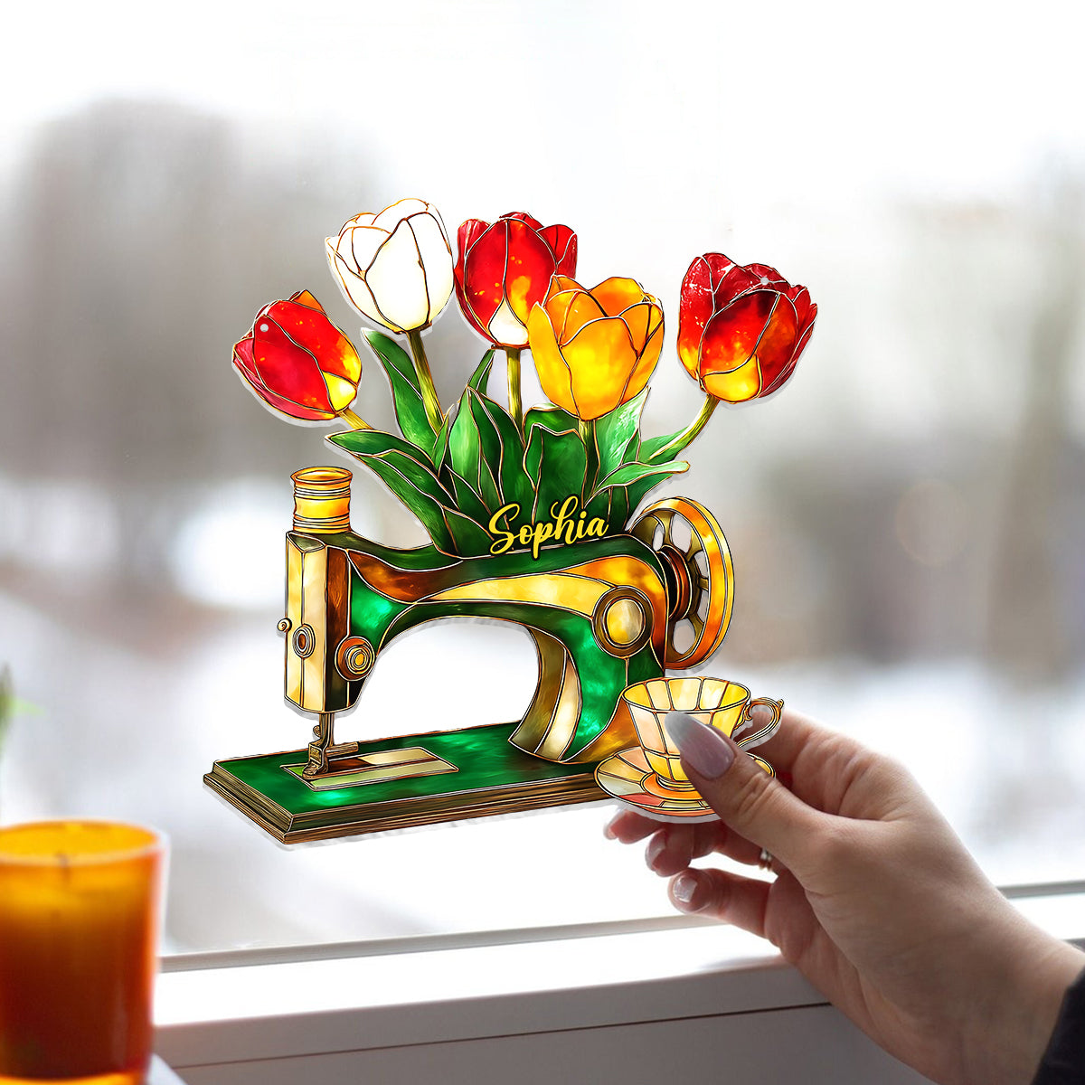 Tulip, Sewing, And Tea - Personalized Sewing Window Hanging Suncatcher Ornament