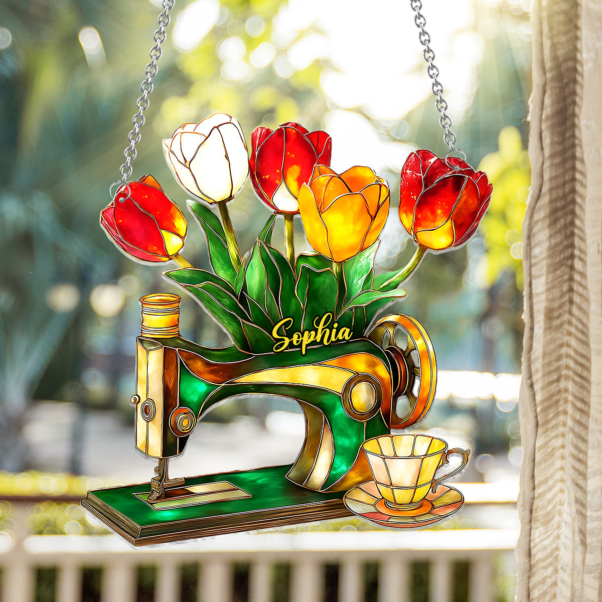 Tulip, Sewing, And Tea - Personalized Sewing Window Hanging Suncatcher Ornament