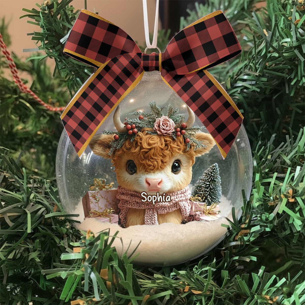 Highland Cow Christmas - Personalized Highland Cow Snow Globe Ornament With Bow