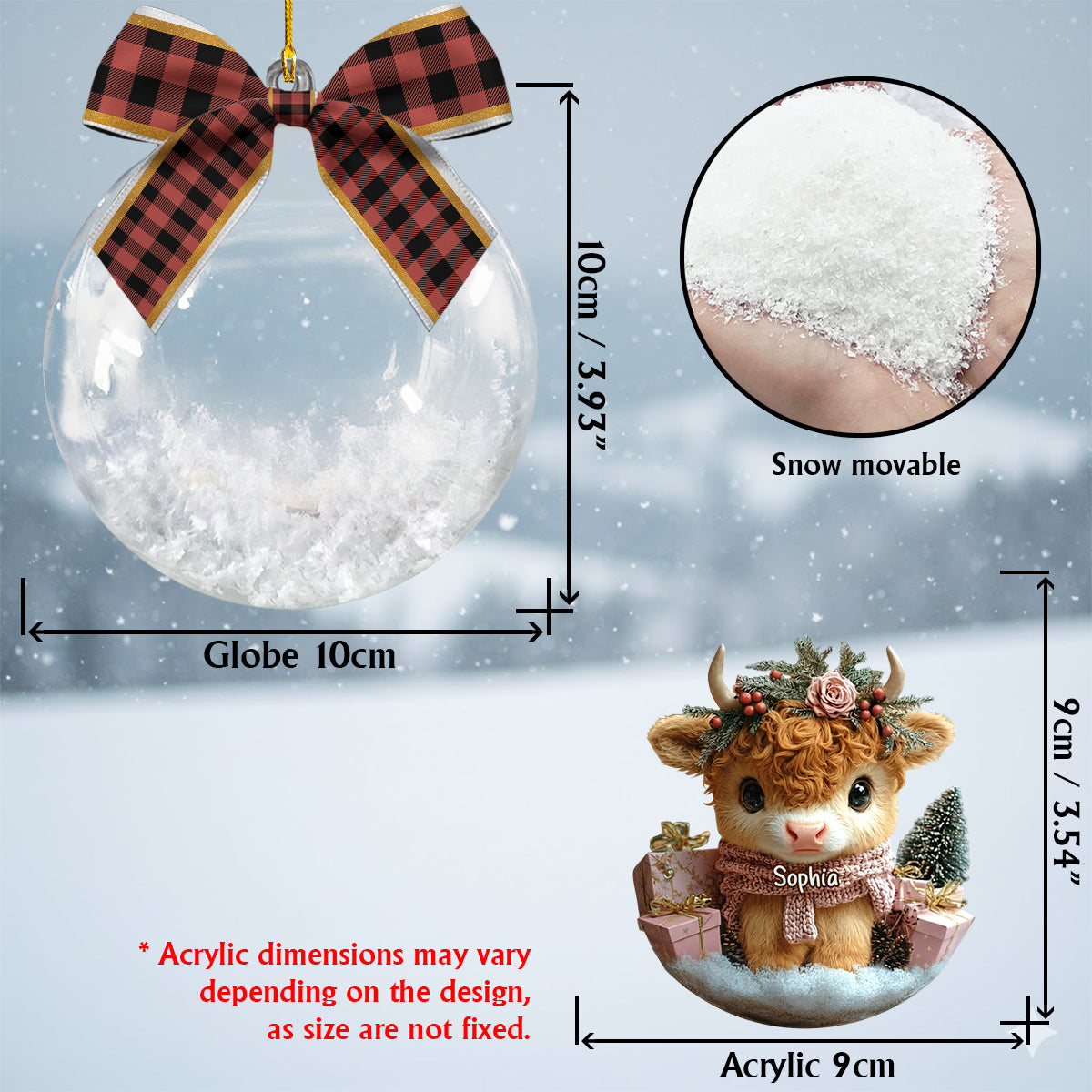 Highland Cow Christmas - Personalized Highland Cow Snow Globe Ornament With Bow