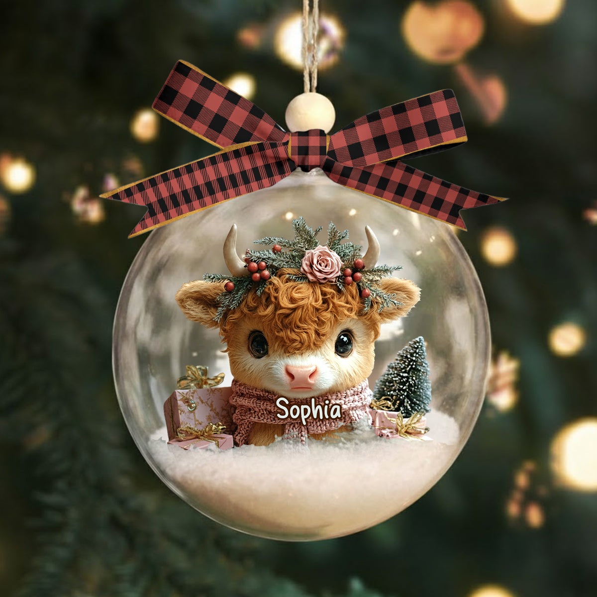 Highland Cow Christmas - Personalized Highland Cow Snow Globe Ornament With Bow