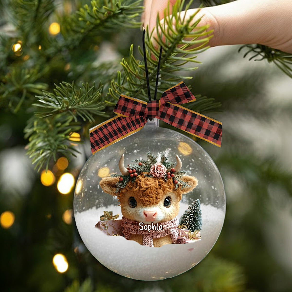 Highland Cow Christmas - Personalized Highland Cow Snow Globe Ornament With Bow