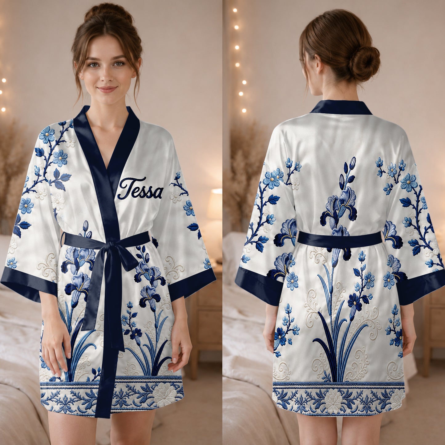 Any Flower, Birth Month Flower Toile de Jouy Style - Personalized Self Love Satin Robe
