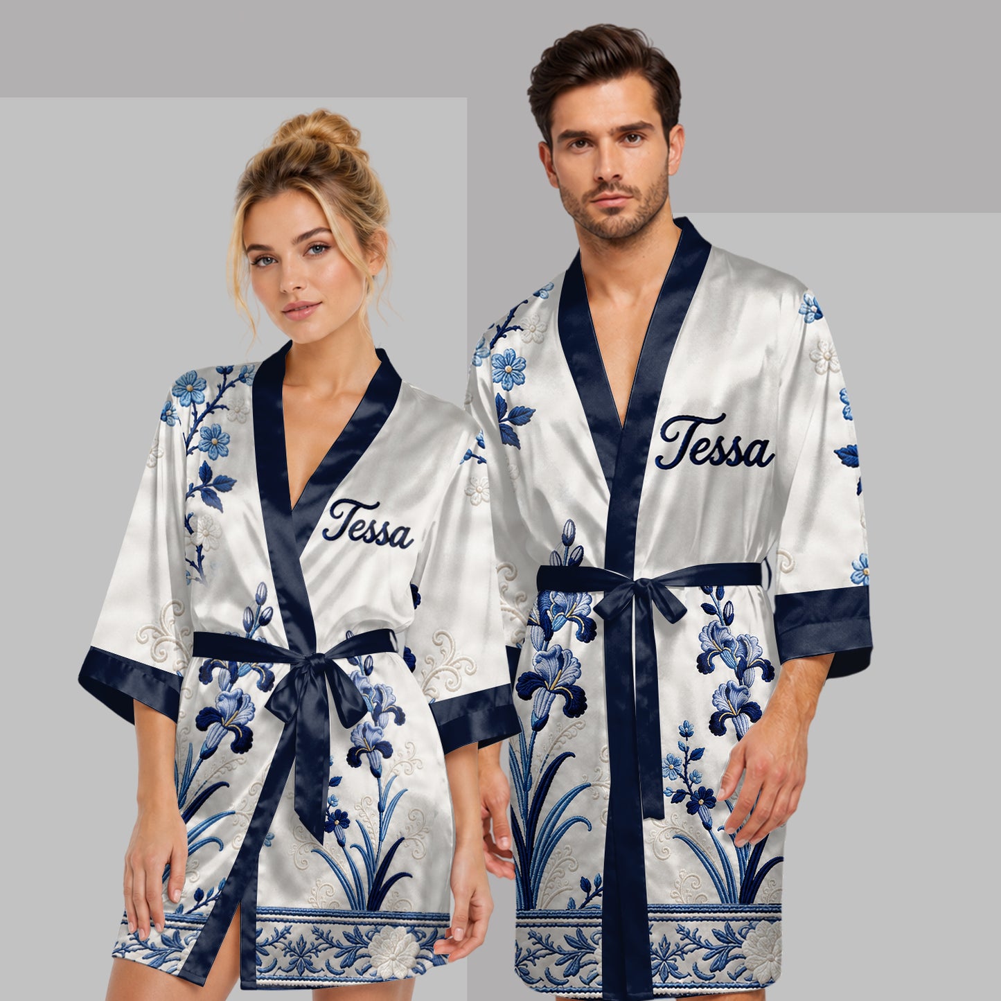 Any Flower, Birth Month Flower Toile de Jouy Style - Personalized Self Love Satin Robe
