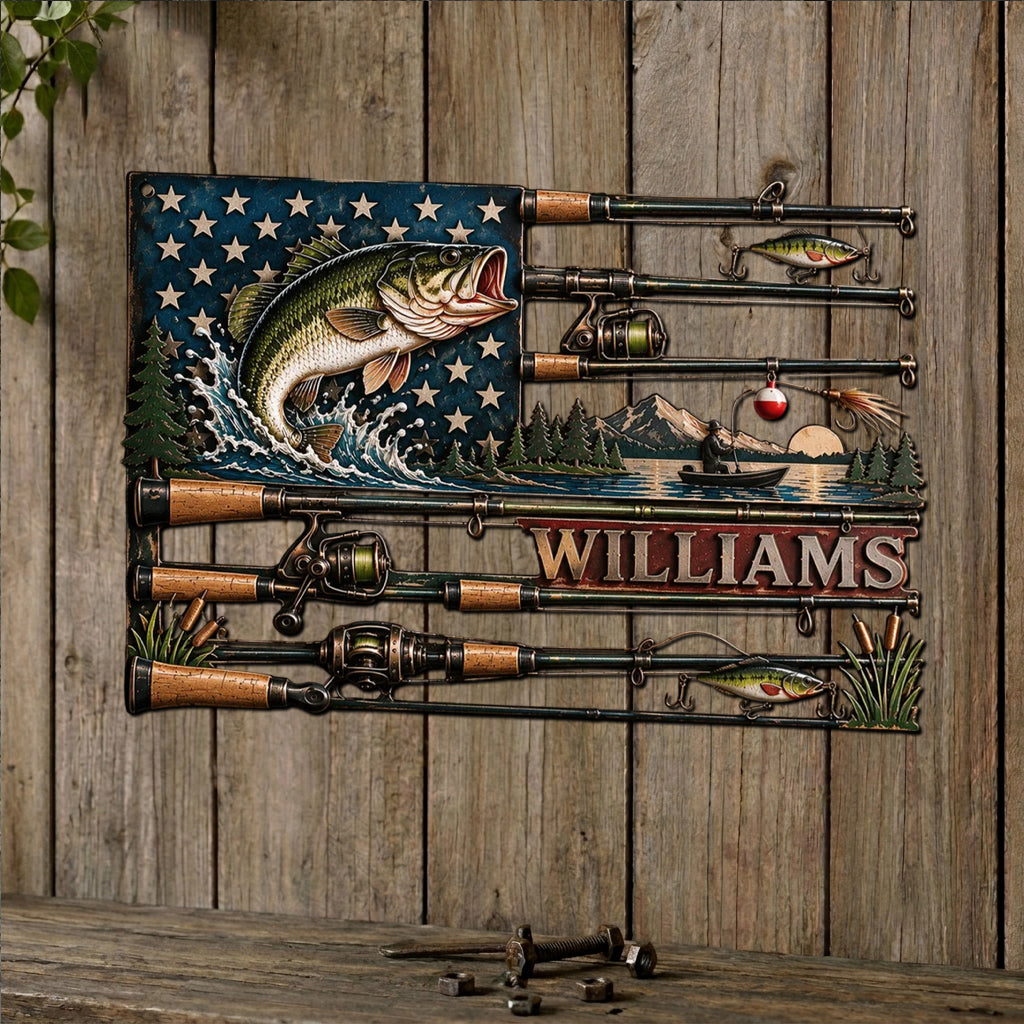 USA Fisher - Personalized Fishing Cut Metal Sign