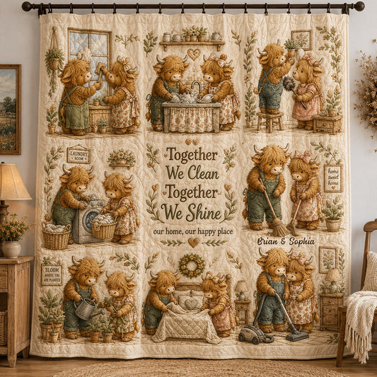 Together We Clean Our Home - Personalized Highland Cow Blackout Window Curtain/ Drapes Set