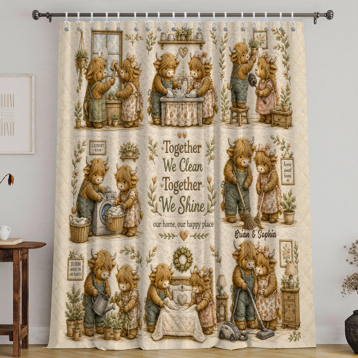 Together We Clean Our Home - Personalized Highland Cow Blackout Window Curtain/ Drapes Set