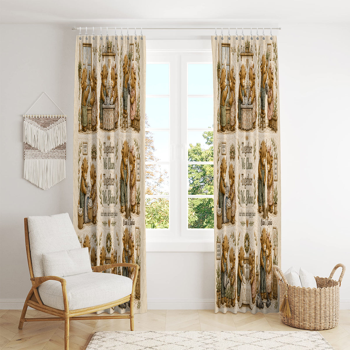 Together We Clean Our Home - Personalized Highland Cow Blackout Window Curtain/ Drapes Set