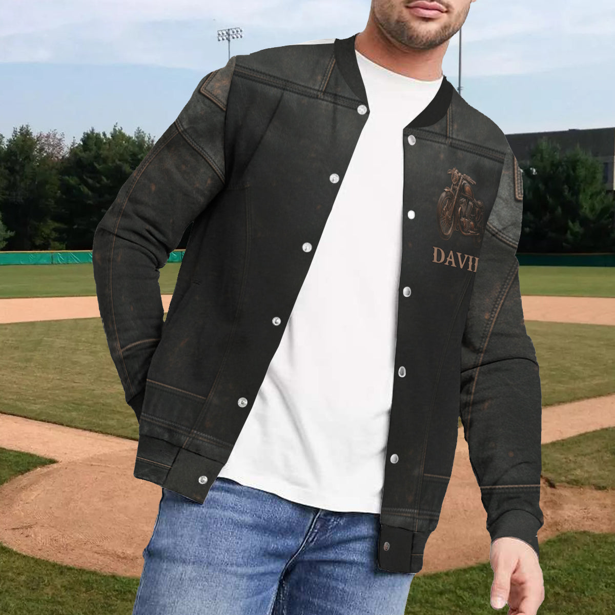 Never Underestimate An Old Man With A Motorcycle - Personalized Biker Varsity Jacket