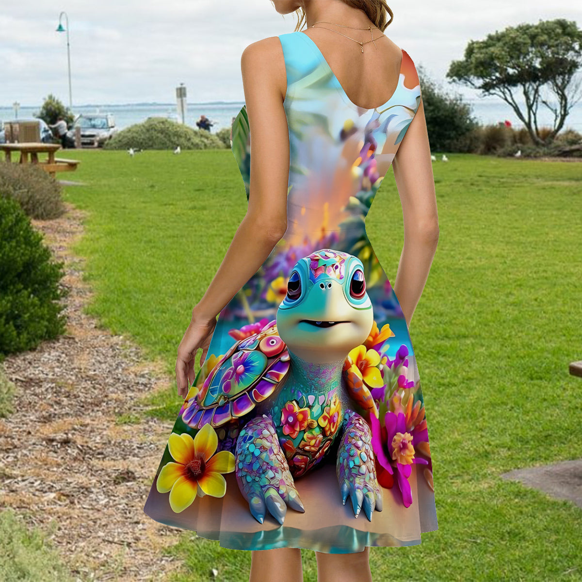 Sparkling Playful Turtle & Floral - Personalized Turtle Sleeveless Dress