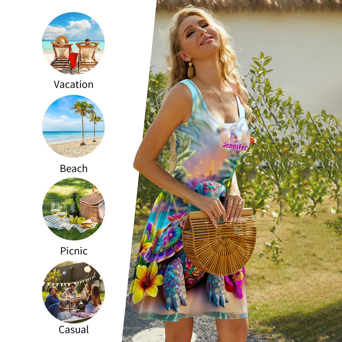 Sparkling Playful Turtle & Floral - Personalized Turtle Sleeveless Dress