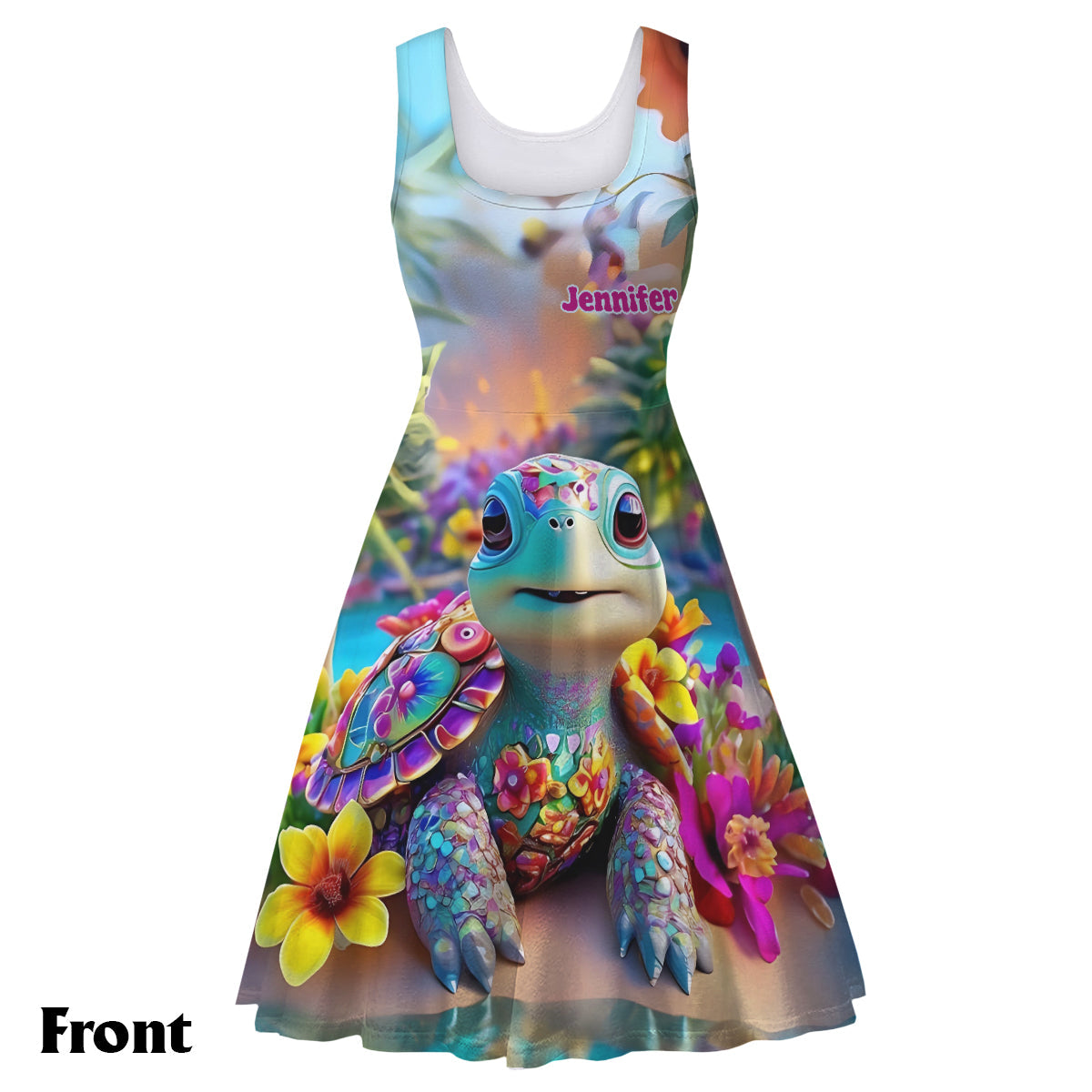 Sparkling Playful Turtle & Floral - Personalized Turtle Sleeveless Dress