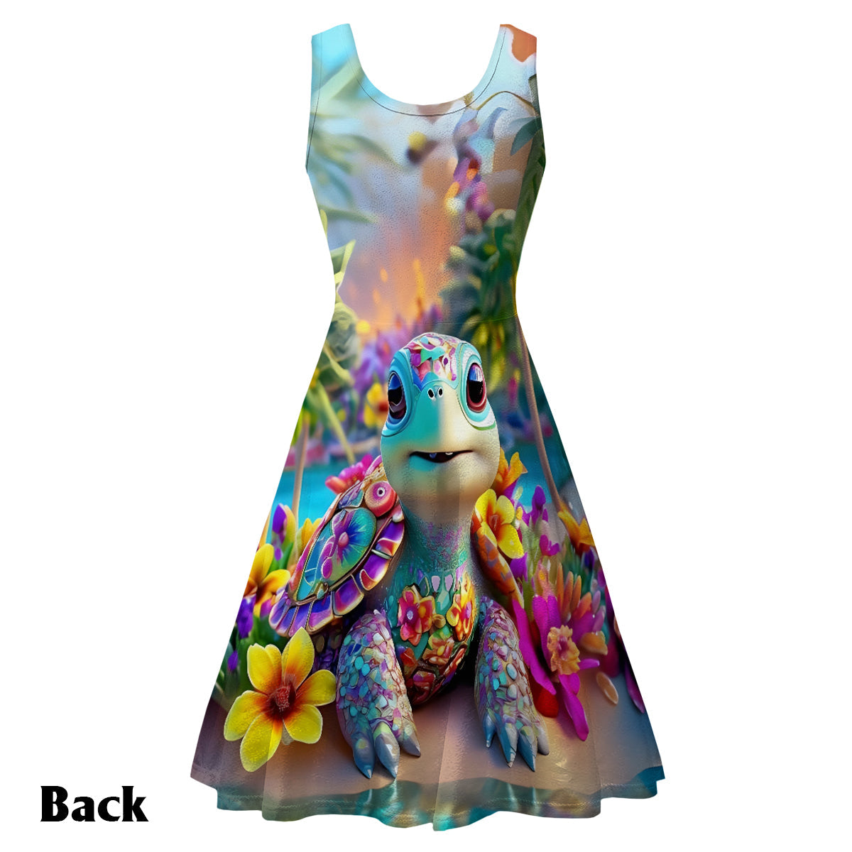 Sparkling Playful Turtle & Floral - Personalized Turtle Sleeveless Dress