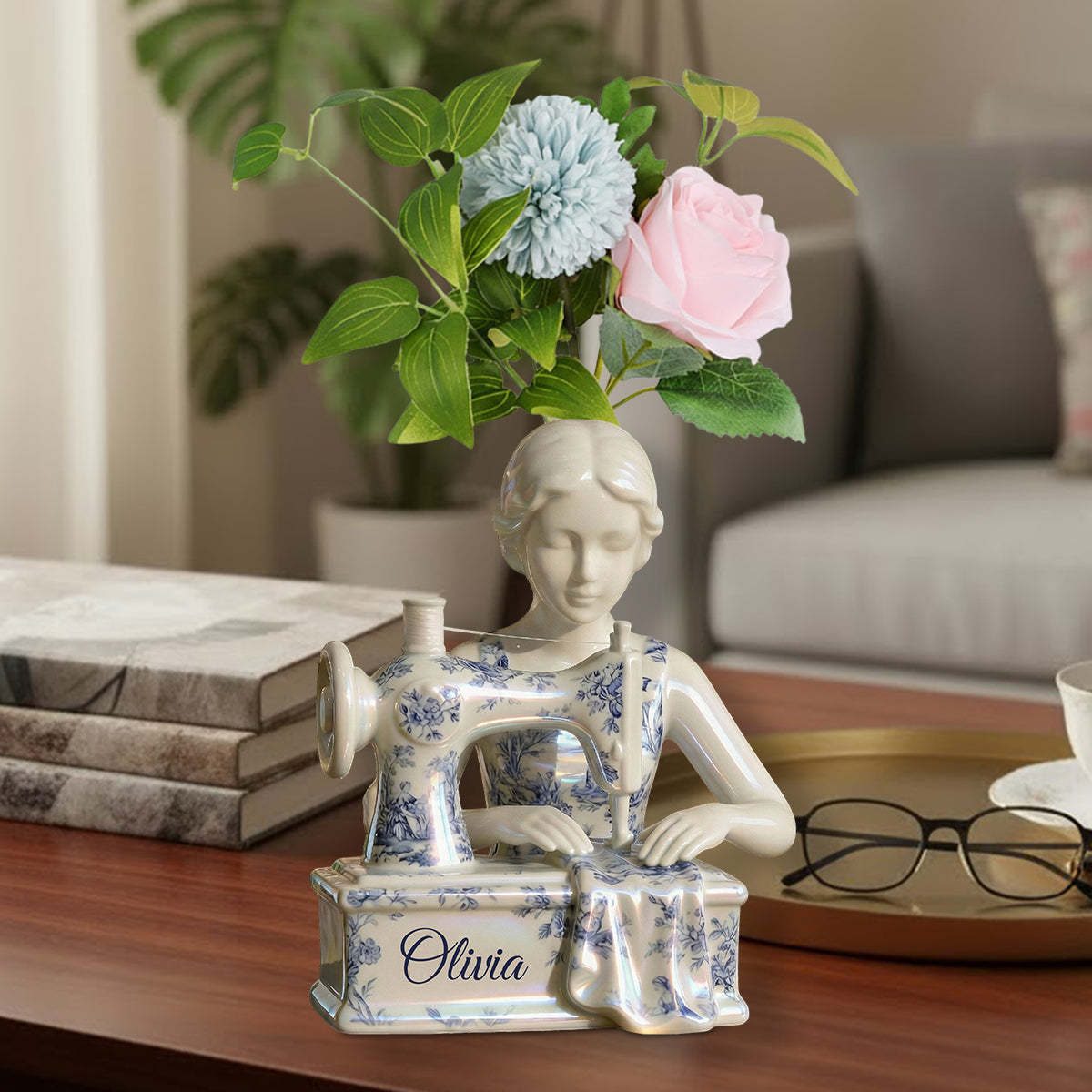Toile De Jouy Vintage Sewing Lady - Personalized Sewing Custom Shape Acrylic Flower Vase