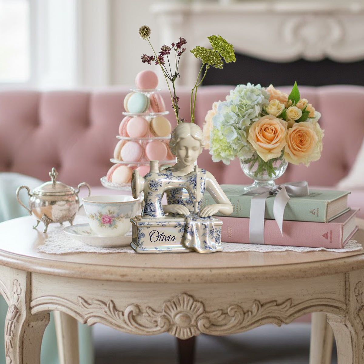 Toile De Jouy Vintage Sewing Lady - Personalized Sewing Custom Shape Acrylic Flower Vase