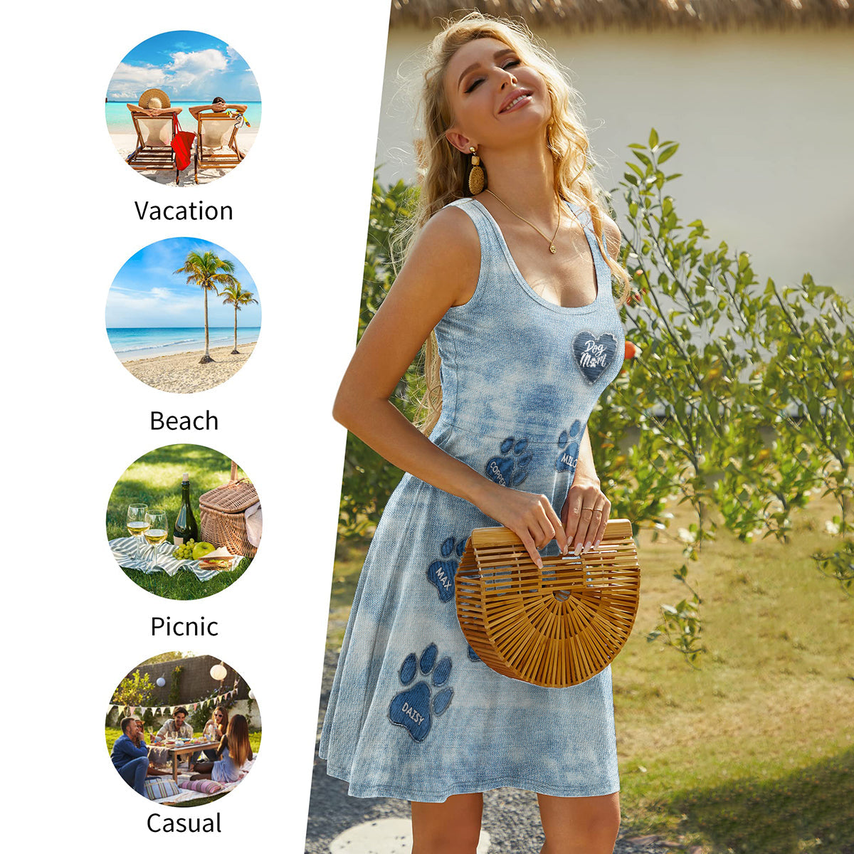 Dog Mom Denim Paw - Personalized Dog Sleeveless Dress