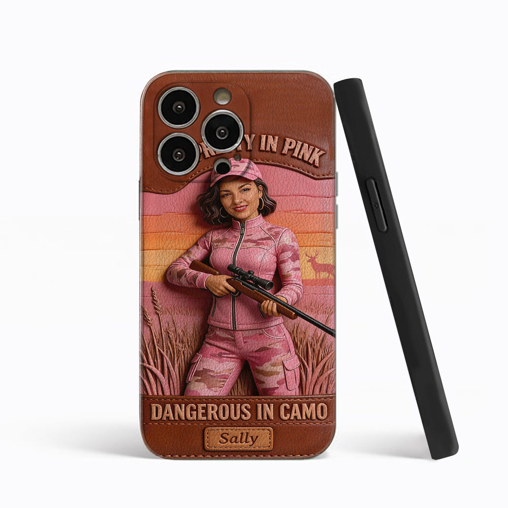 Custom Any Photo Dangerous In Camo - Personalized Hunting Leather Phone Case