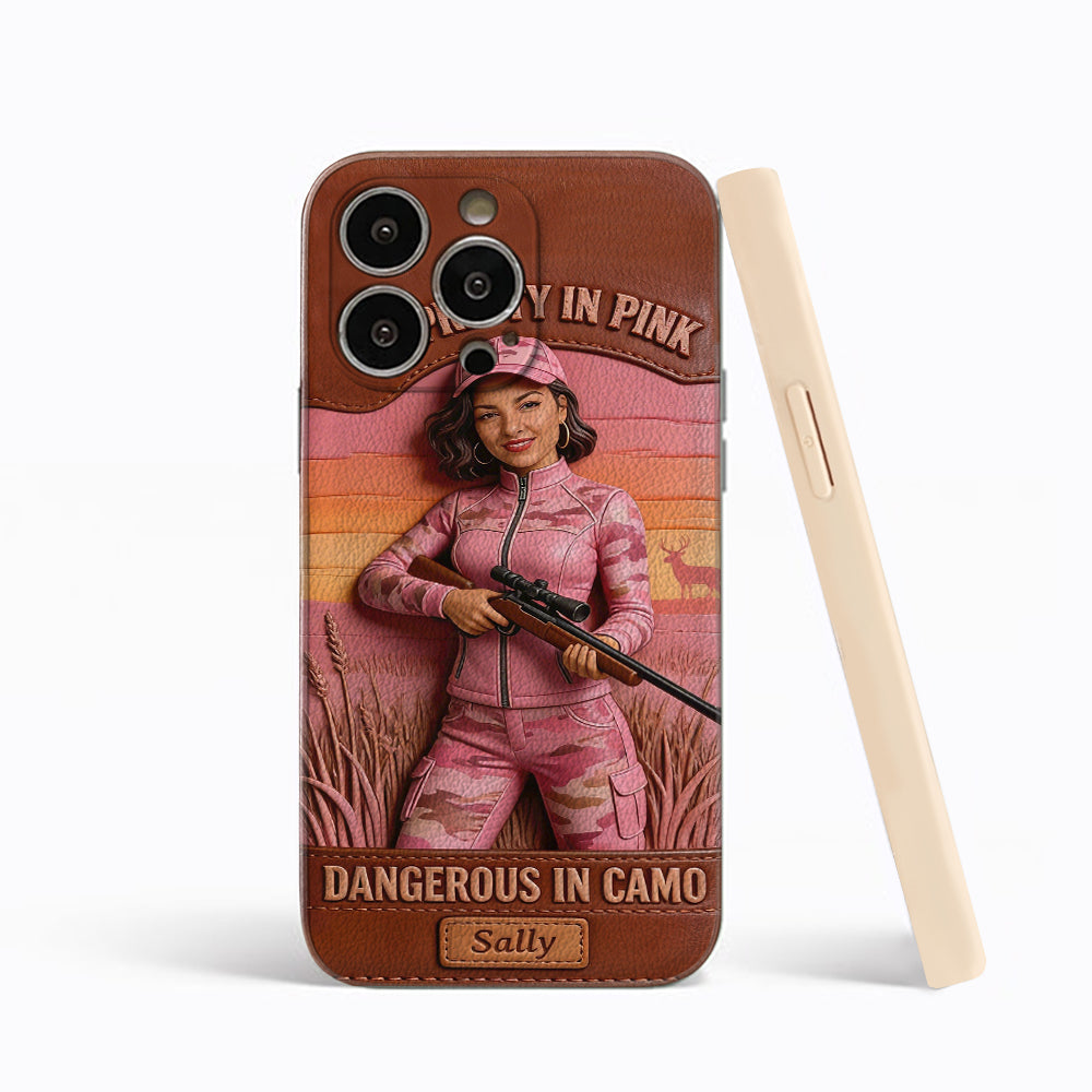 Custom Any Photo Dangerous In Camo - Personalized Hunting Leather Phone Case