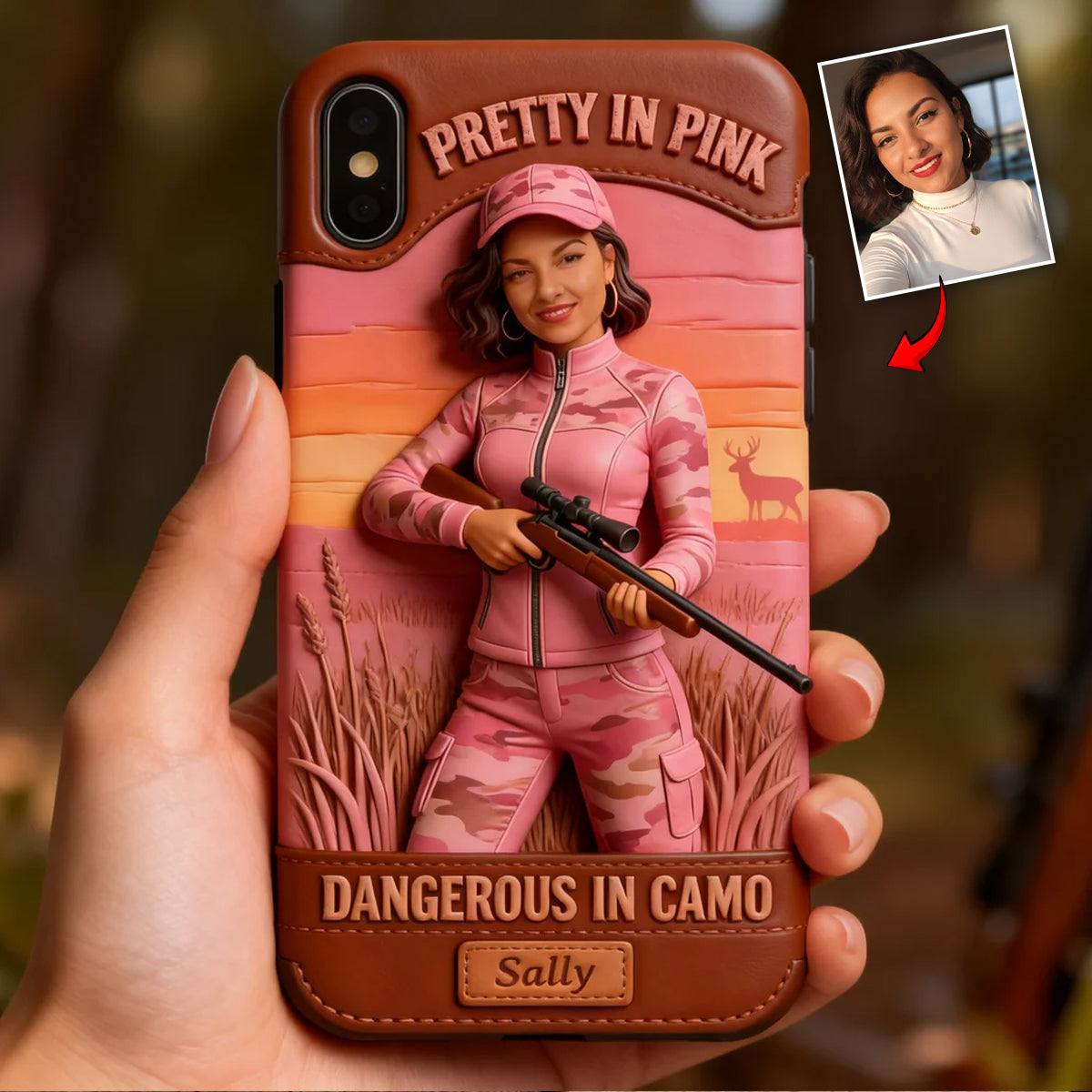 Custom Any Photo Dangerous In Camo - Personalized Hunting Leather Phone Case