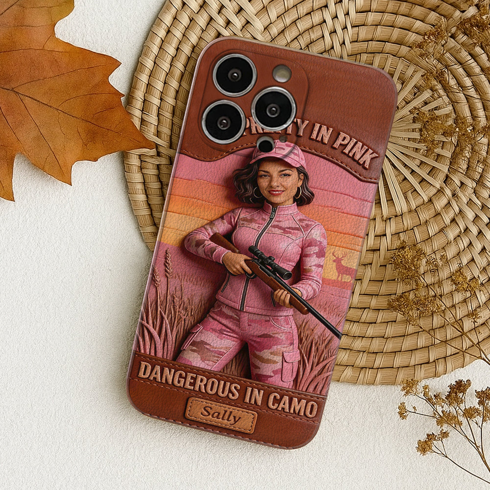 Custom Any Photo Dangerous In Camo - Personalized Hunting Leather Phone Case
