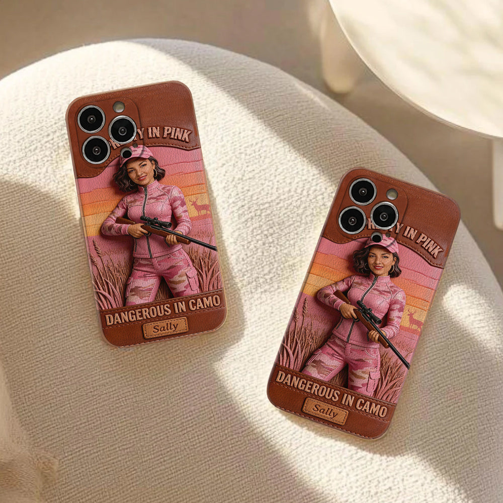 Custom Any Photo Dangerous In Camo - Personalized Hunting Leather Phone Case