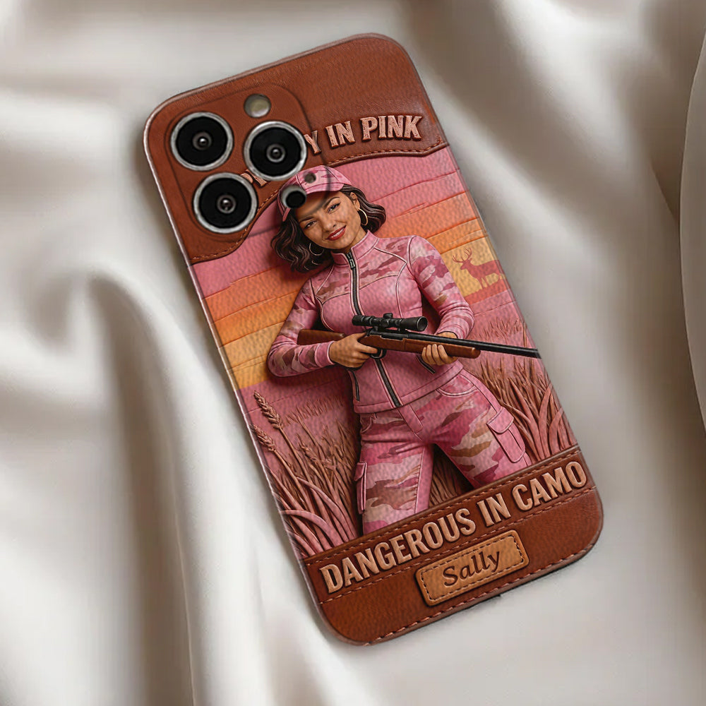 Custom Any Photo Dangerous In Camo - Personalized Hunting Leather Phone Case
