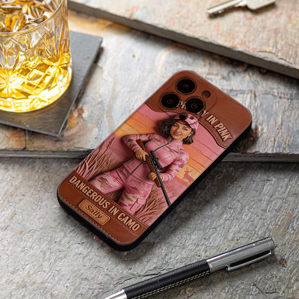 Custom Any Photo Dangerous In Camo - Personalized Hunting Leather Phone Case