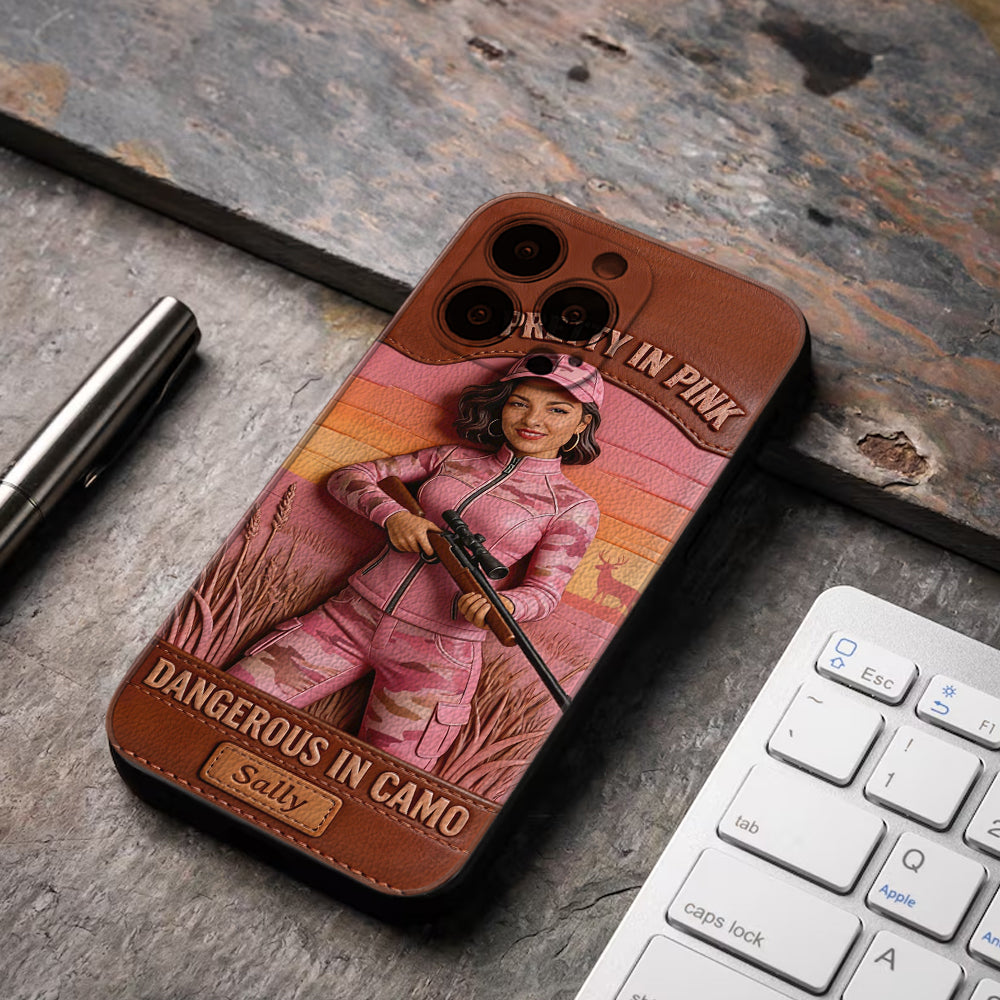 Custom Any Photo Dangerous In Camo - Personalized Hunting Leather Phone Case