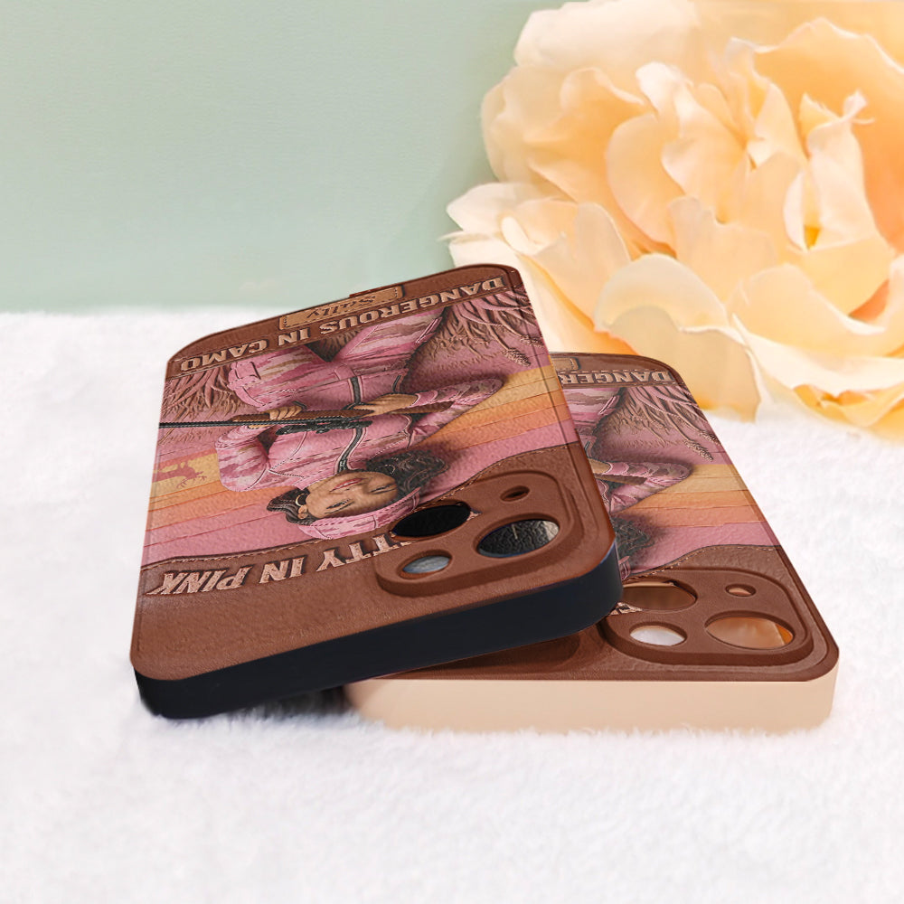 Custom Any Photo Dangerous In Camo - Personalized Hunting Leather Phone Case