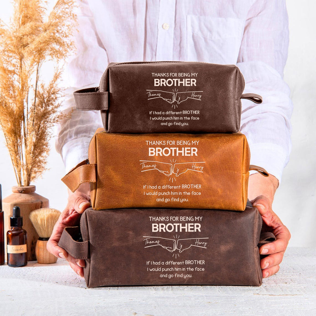 Congrats On Being My Brother - Personalized Sibling Leather Toiletry Bag