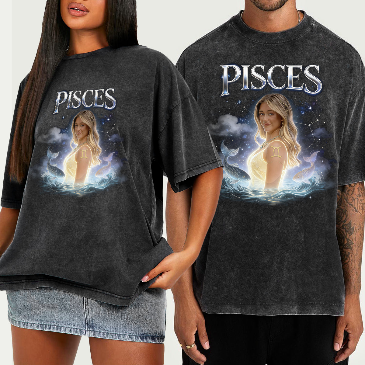 Custom Any Photo Zodiac Style - Personalized Horoscope Wash T-Shirt