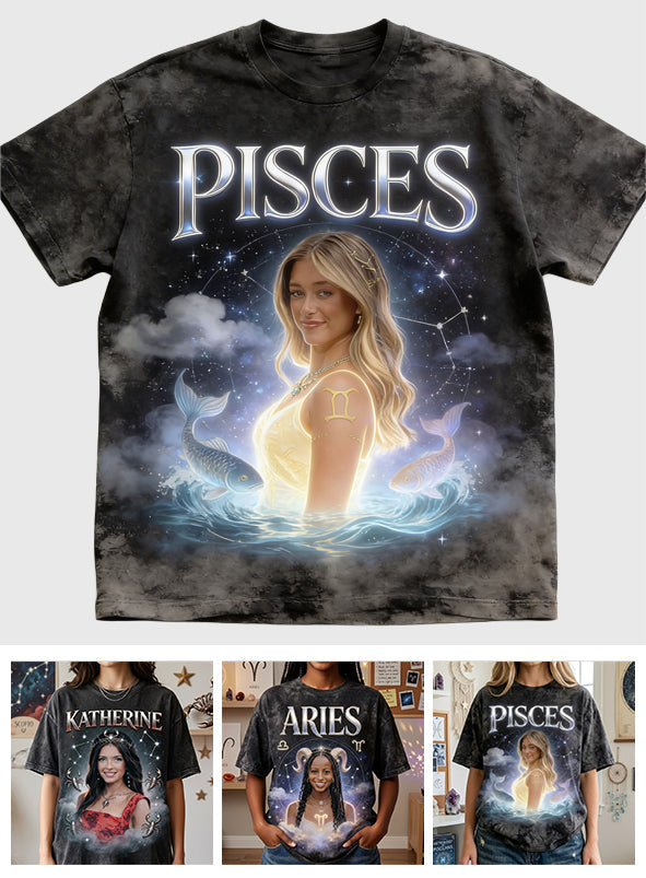 Custom Any Photo Zodiac Style - Personalized Horoscope Wash T-Shirt