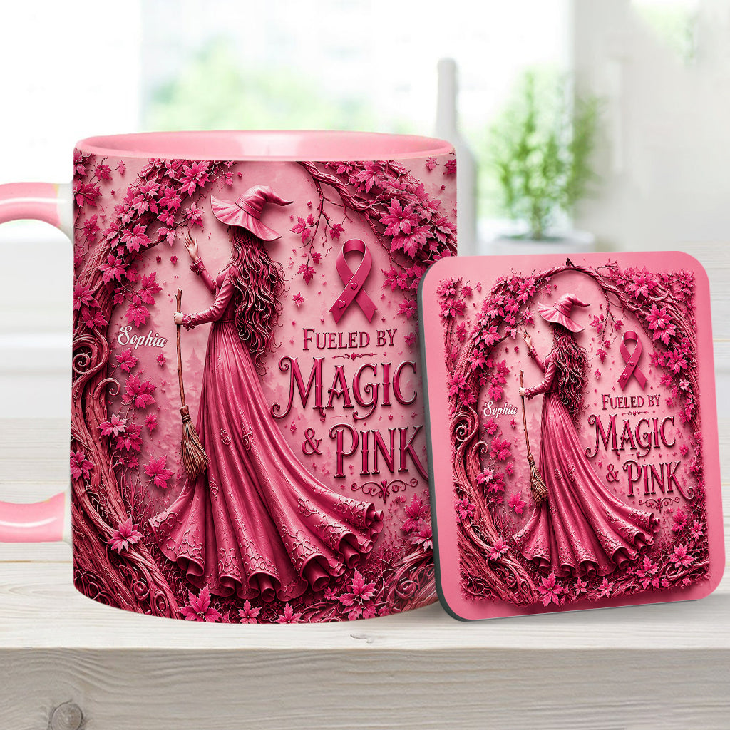 Fueled By Magic & Pink - Personalized Breast Cancer Awareness Accent Mug & Coaster