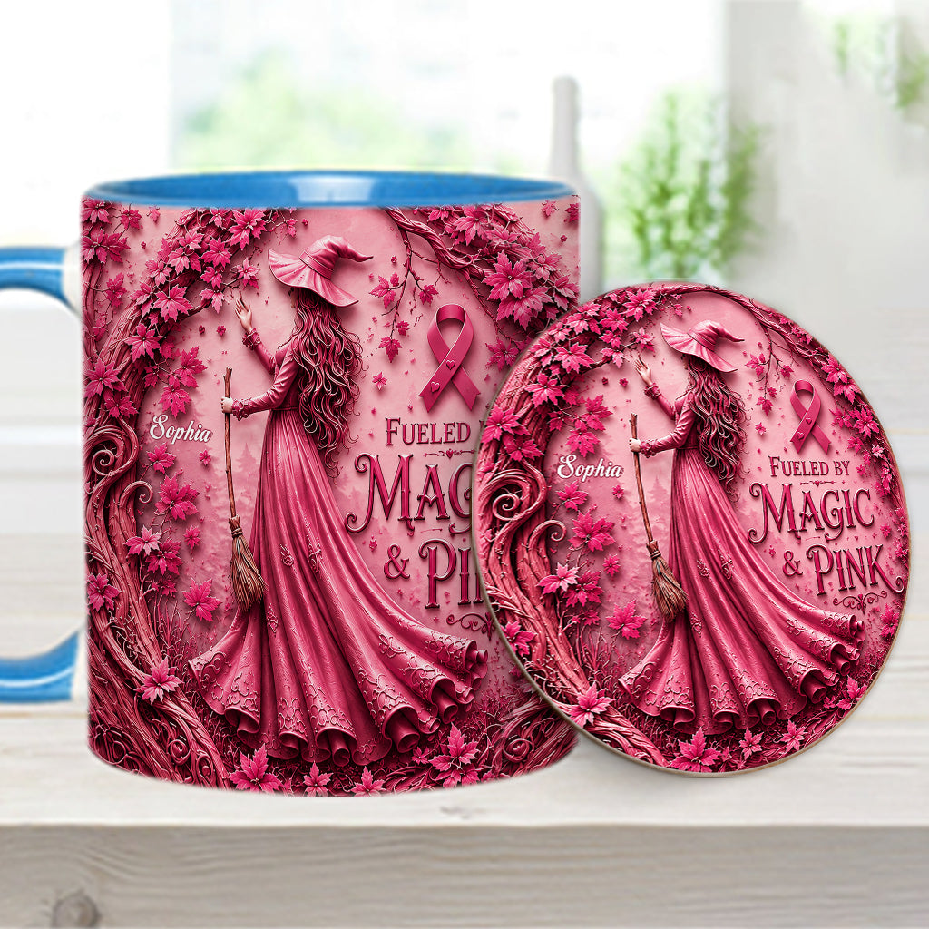Fueled By Magic & Pink - Personalized Breast Cancer Awareness Accent Mug & Coaster