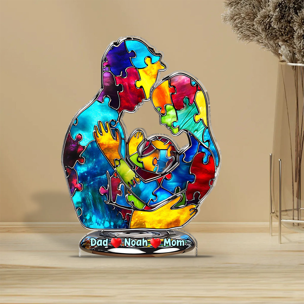 Autism Family Hugging - Personalized Autism Awareness Custom Shaped Acrylic Plaque