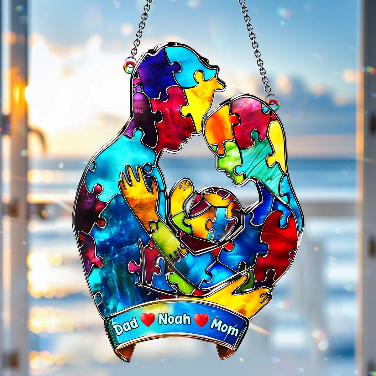 Autism Family Hugging - Personalized Autism Awareness Window Hanging Suncatcher Ornament