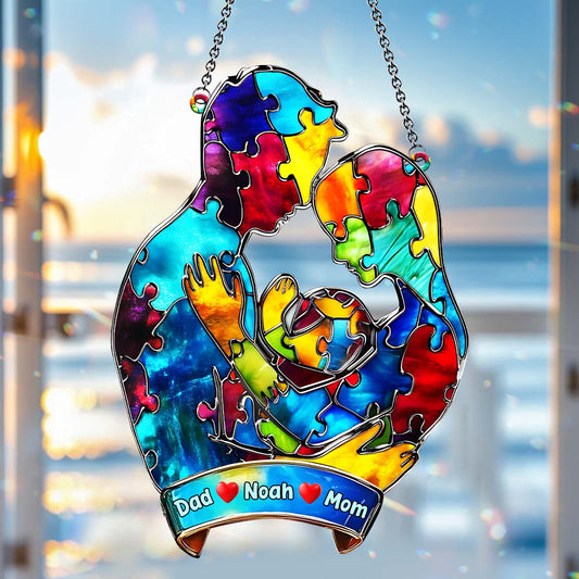 Autism Family Hugging - Personalized Autism Awareness Window Hanging Suncatcher Ornament
