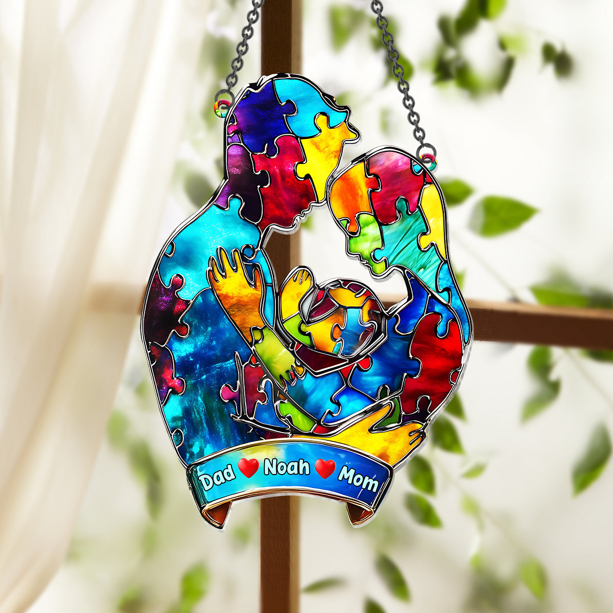 Autism Family Hugging - Personalized Autism Awareness Window Hanging Suncatcher Ornament