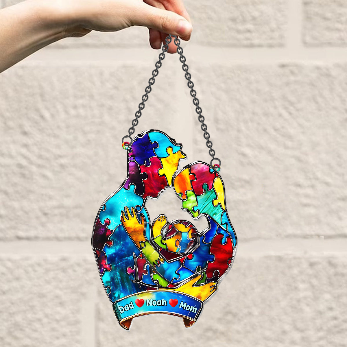 Autism Family Hugging - Personalized Autism Awareness Window Hanging Suncatcher Ornament