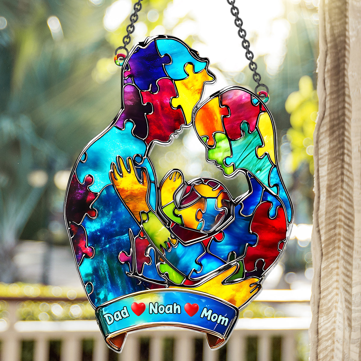 Autism Family Hugging - Personalized Autism Awareness Window Hanging Suncatcher Ornament