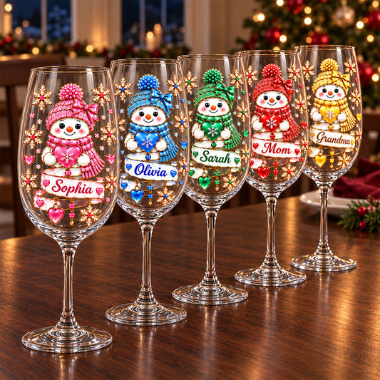 Merry Christmas Snowman Wine Glass Family Gift - Personalized Family Wine Glass With Long Stem
