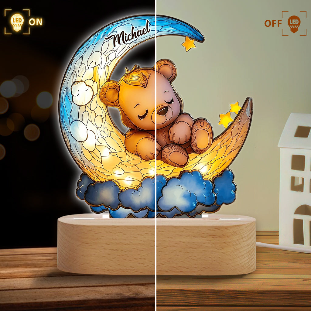 Cute Bear On Crescent Moon - Personalized Kid Shaped Plaque Light Base