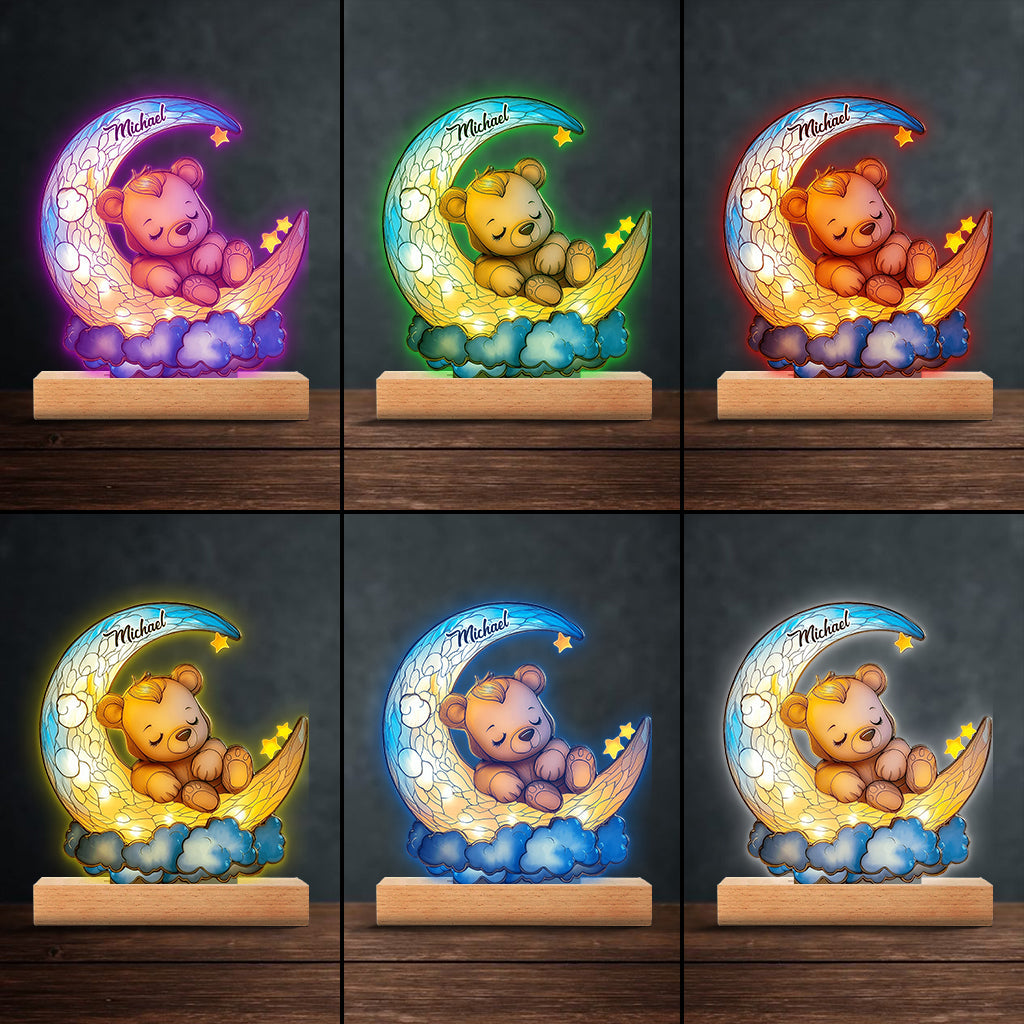 Cute Bear On Crescent Moon - Personalized Kid Shaped Plaque Light Base