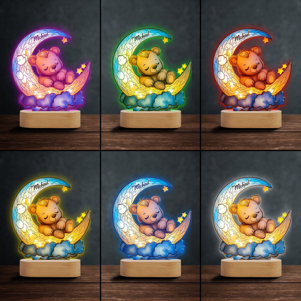 Cute Bear On Crescent Moon - Personalized Kid Shaped Plaque Light Base